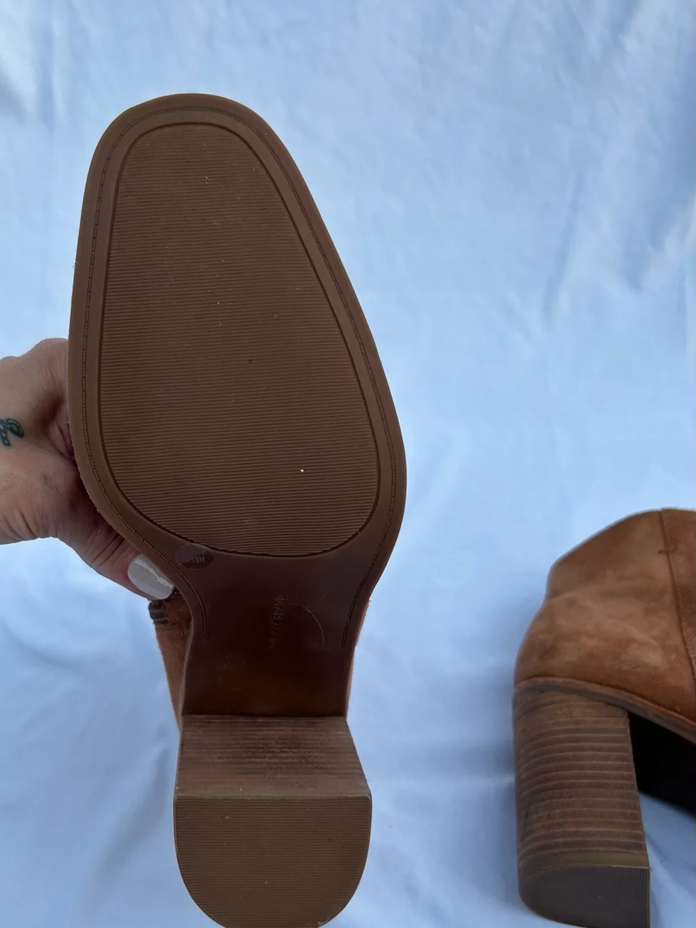 Lucky Brand Tan Suede Ankle Booties with Stacked Heel
